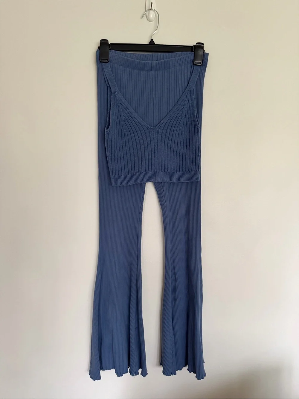 Aerie Blue Ribbed Flare Pants & Knit Crop Top Set Size Small